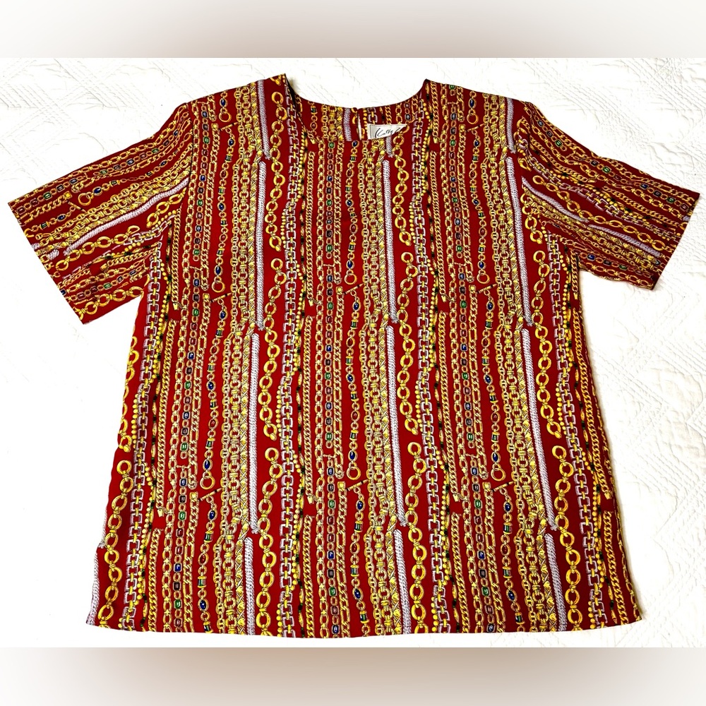 Vintage Kathy Che Chain Pattern Red Top 1980’s w/ Shoulder Pads Intact Size M